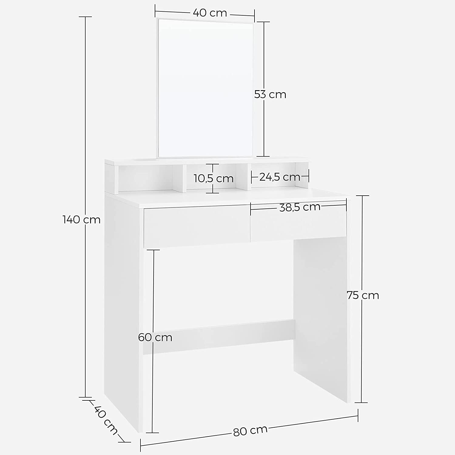 Coiffeuse avec Miroir rectangulaire, Table de Maquillage, avec 2 tiroirs et 3 Compartiments de Rangement, Blanc, VASAGLE, 3