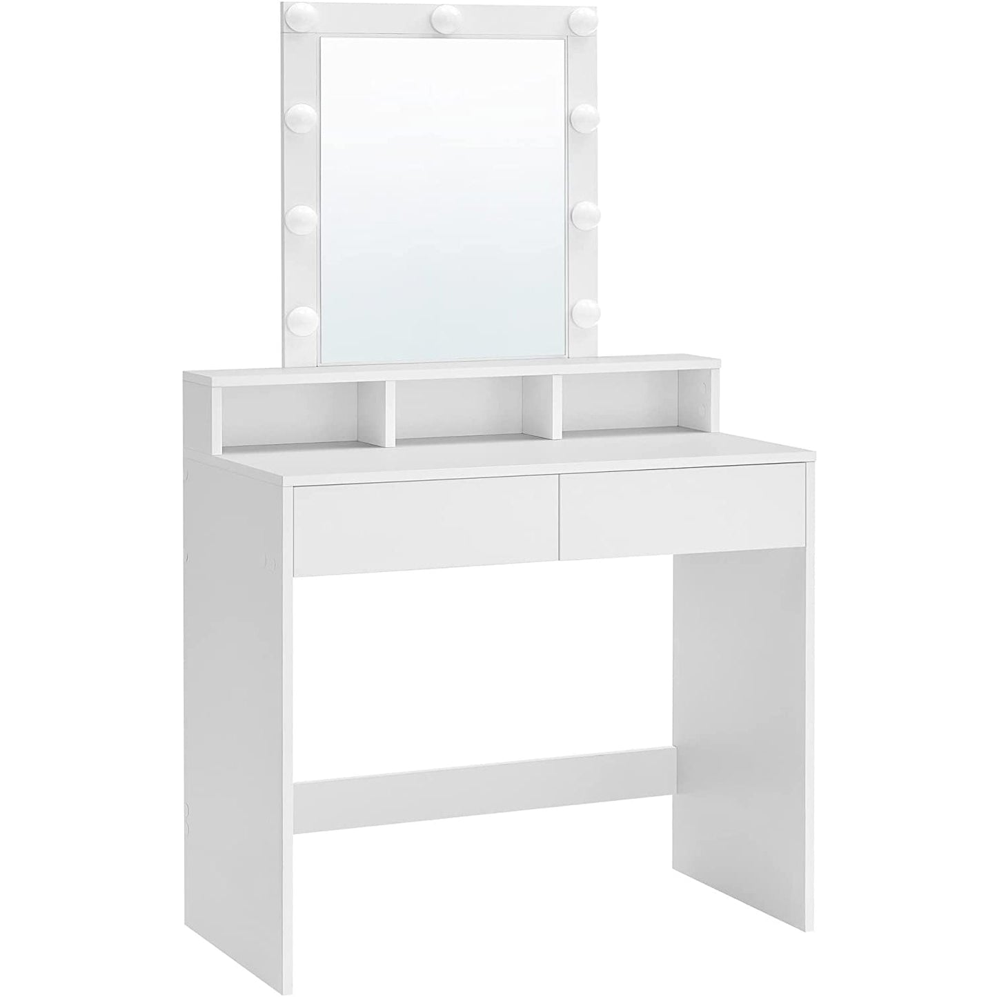 VASAGLE - Coiffeuse avec Miroir et Ampoules, Table de Maquillage, avec 2 Tiroirs et 3 Compartiments de Rangement, Style Moderne, Blanc