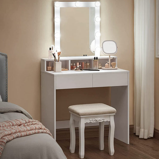 VASAGLE - Coiffeuse avec Miroir et Ampoules, Table de Maquillage, avec 2 Tiroirs et 3 Compartiments de Rangement, Style Moderne, Blanc