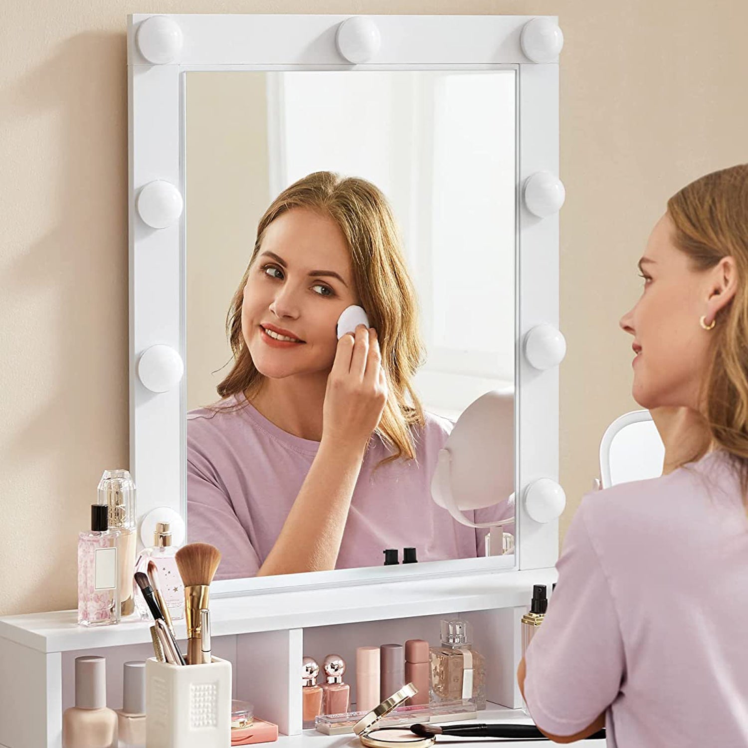 Coiffeuse avec Miroir et Ampoules, Table de Maquillage, avec 2 Tiroirs et 3 Compartiments de Rangement, Blanc, VASAGLE, 2