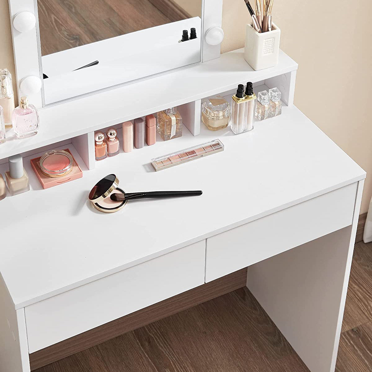 Coiffeuse avec Miroir et Ampoules, Table de Maquillage, avec 2 Tiroirs et 3 Compartiments de Rangement, Blanc, VASAGLE, 5