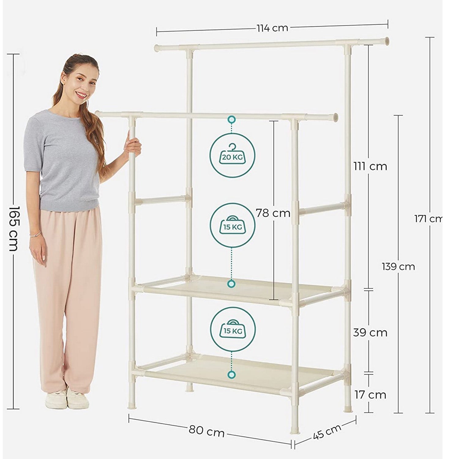 Portant à vêtements Double Barre, Portemanteau, Penderie, avec étagère de Rangement à 2 Niveaux, Charge 70 kg, SONGMICS, 2