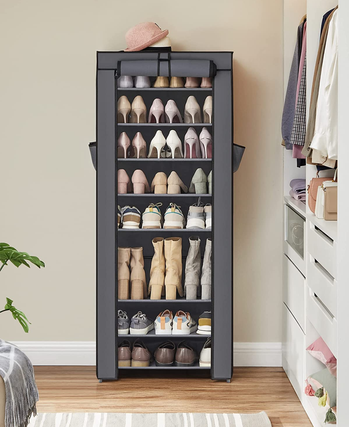 Armoire, étagères à chaussures 10 couches avec housse 27 paires de chaussures Gris, SONGMICS, 9