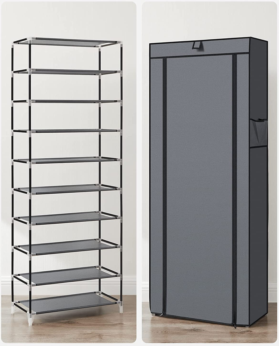 Armoire, étagères à chaussures 10 couches avec housse 27 paires de chaussures Gris, SONGMICS, 6