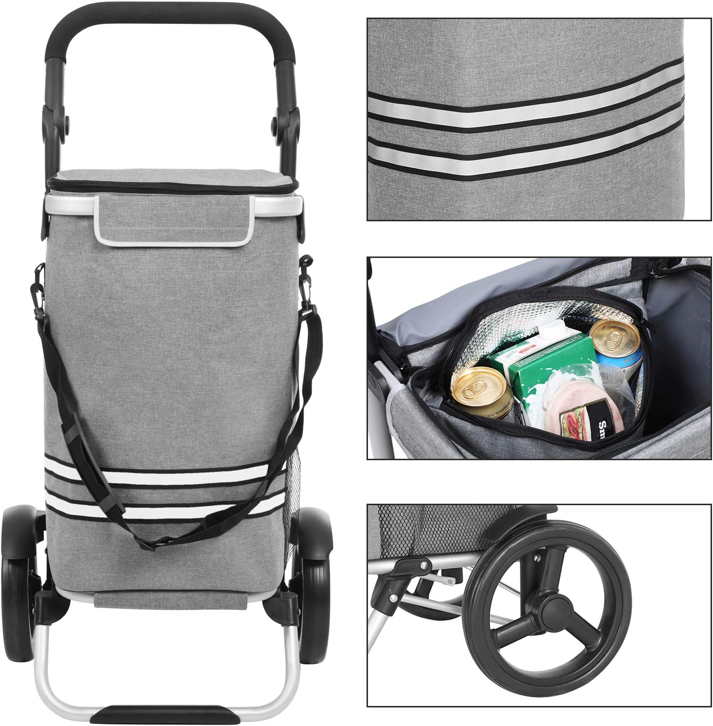 Caddie de Course, 35L, Chariot de Course Solide, Chariot de Courses, Pliable, avec Sac Isotherme, Polyvalent, Gris, 1