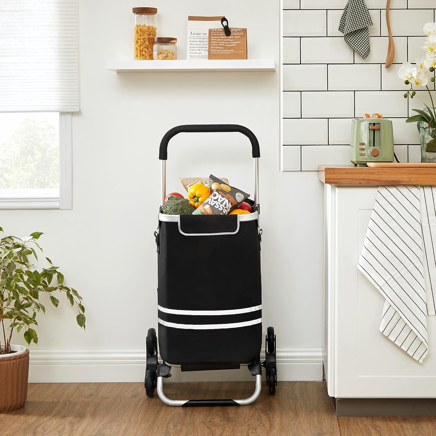 Chariot de Course, Chariot de Course Pliable, 35L, Caddie 6 Roues, Poussette de marché, adapté aux escaliers, Noir