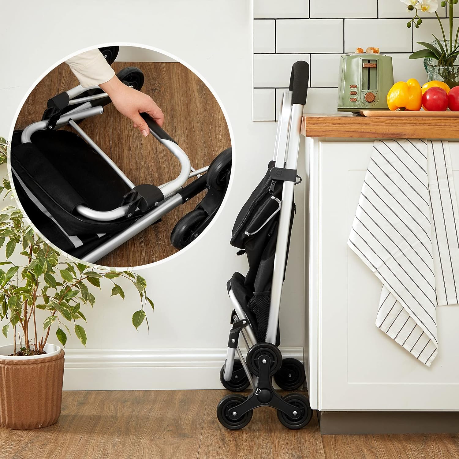 Chariot de Course, Chariot de Course Pliable, 35L, Caddie 6 Roues, Poussette de marché, adapté aux escaliers, Noir, 2