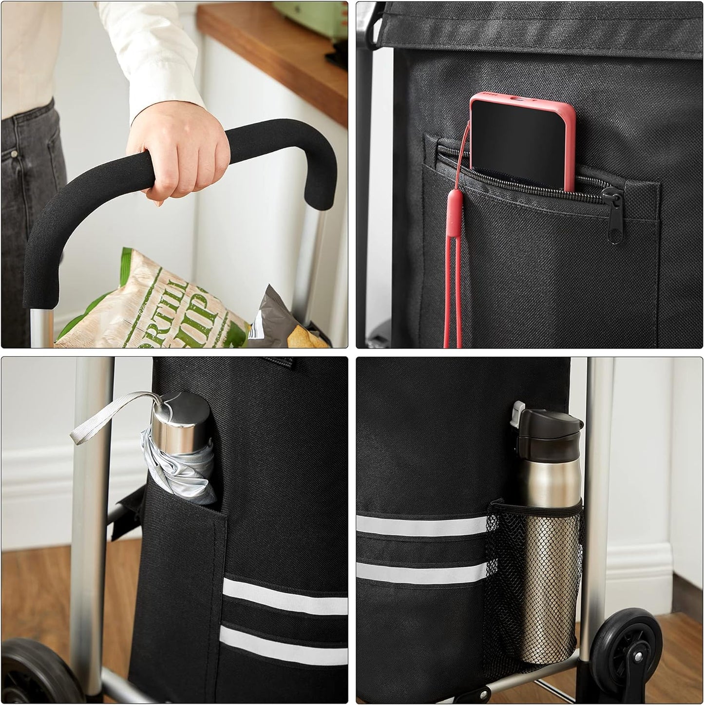 Chariot de Course, Chariot de Course Pliable, 35L, Caddie 6 Roues, Poussette de marché, adapté aux escaliers, Noir, 4