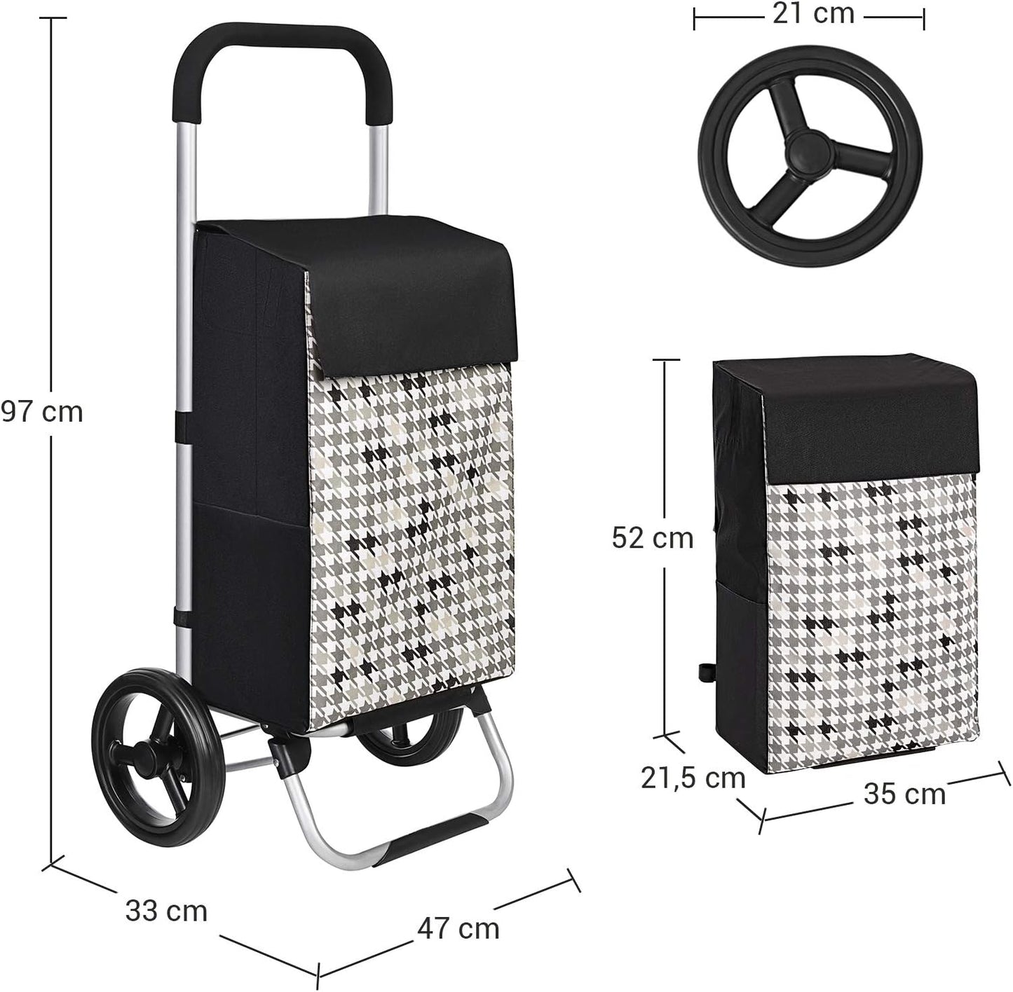 Chariot de Course, Chariot de Course Pliable, Caddie, Poussette de marché, capacité 40L, Noir, Songmics, 3