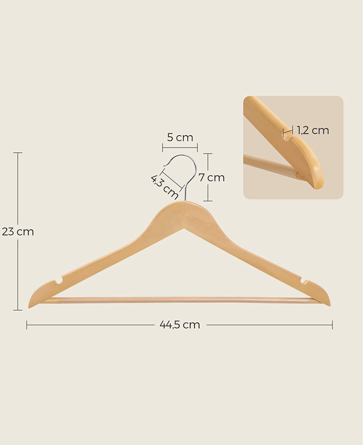 Cintres en bois d'érable, Lot de 10, Barre antiglisse, Encoches, Conceptionergonomique, Longueur 44,5 cm, SONGMICS, 4