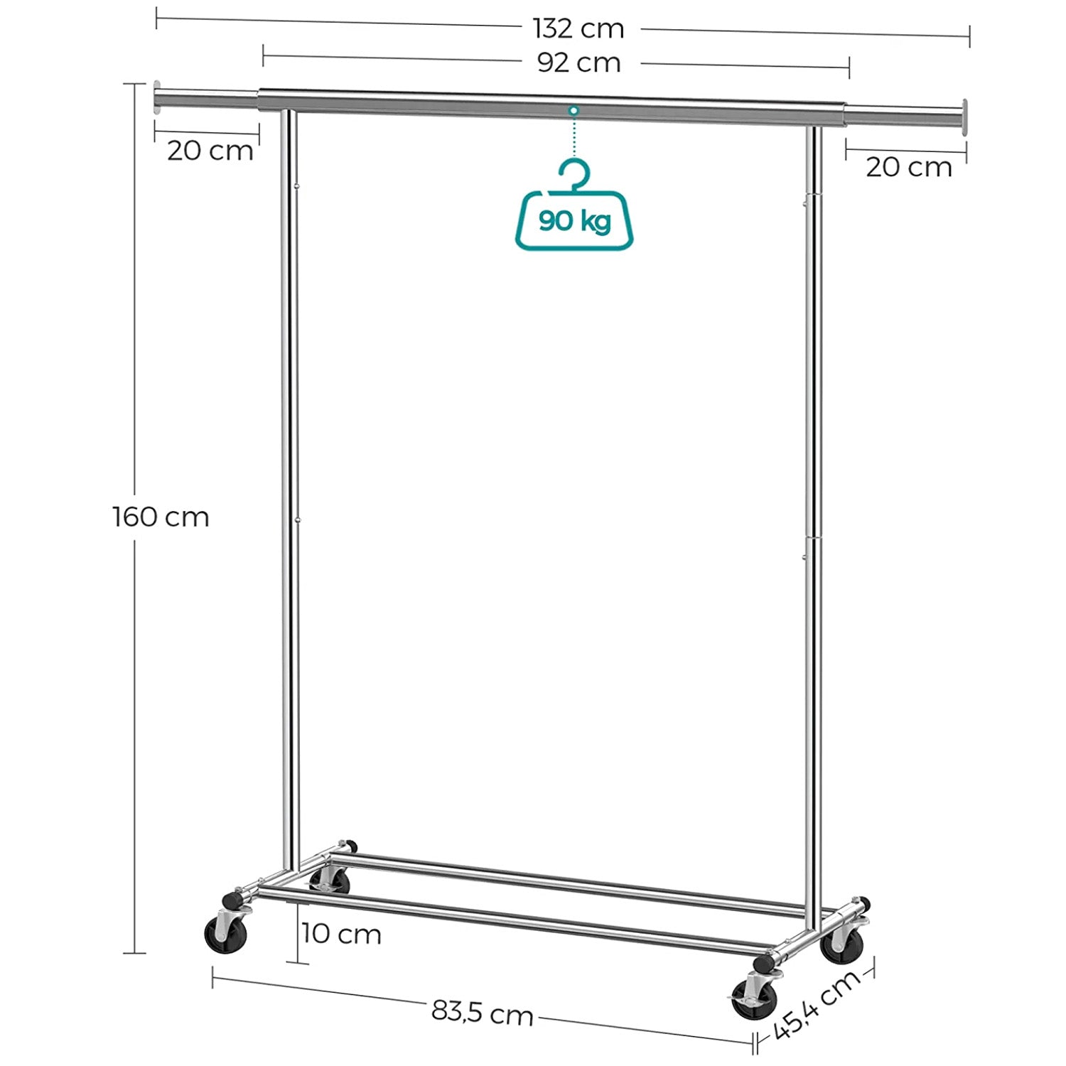 Portants à Vêtement, Solide, avec roulettes, Capacité de Charge 90 kg, Longueur réglable, Pliable, SONGMICS, 2