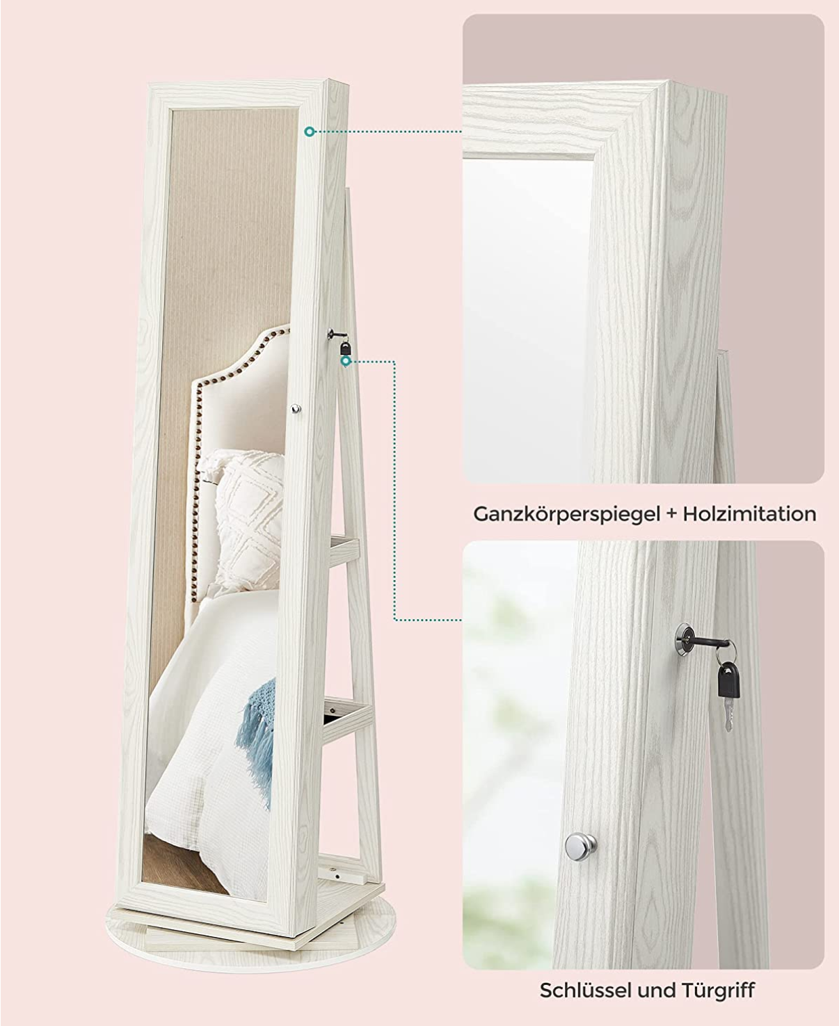 Armoire à Bijoux Pivotante à 360°, avec Grand Miroir, Verrouillable avec Miroir Intérieur, Armoire à Bijoux sur Pied, 10