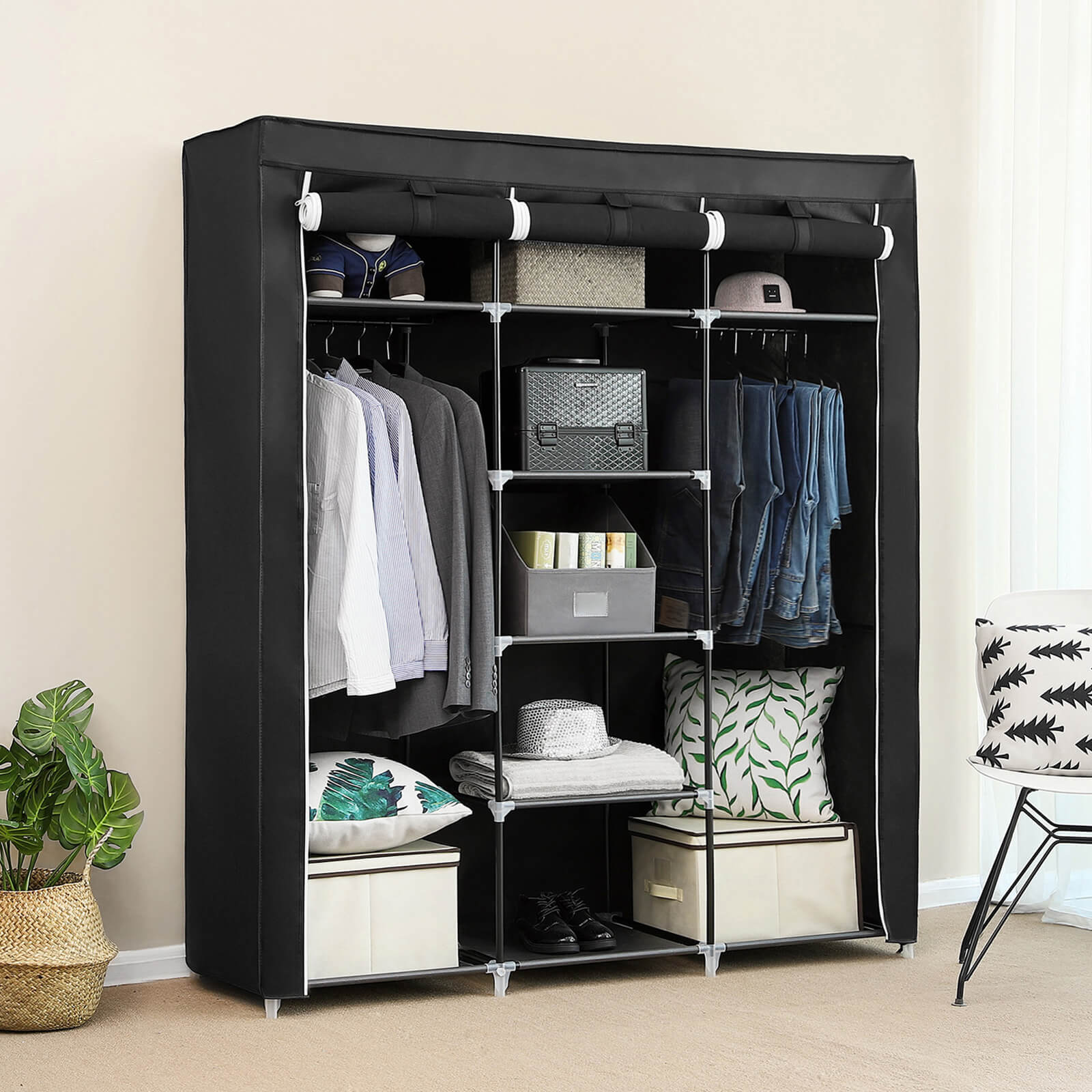 Armoire de Rangement Penderie Noir 175 x 150 x 45 cm, SONGMICS