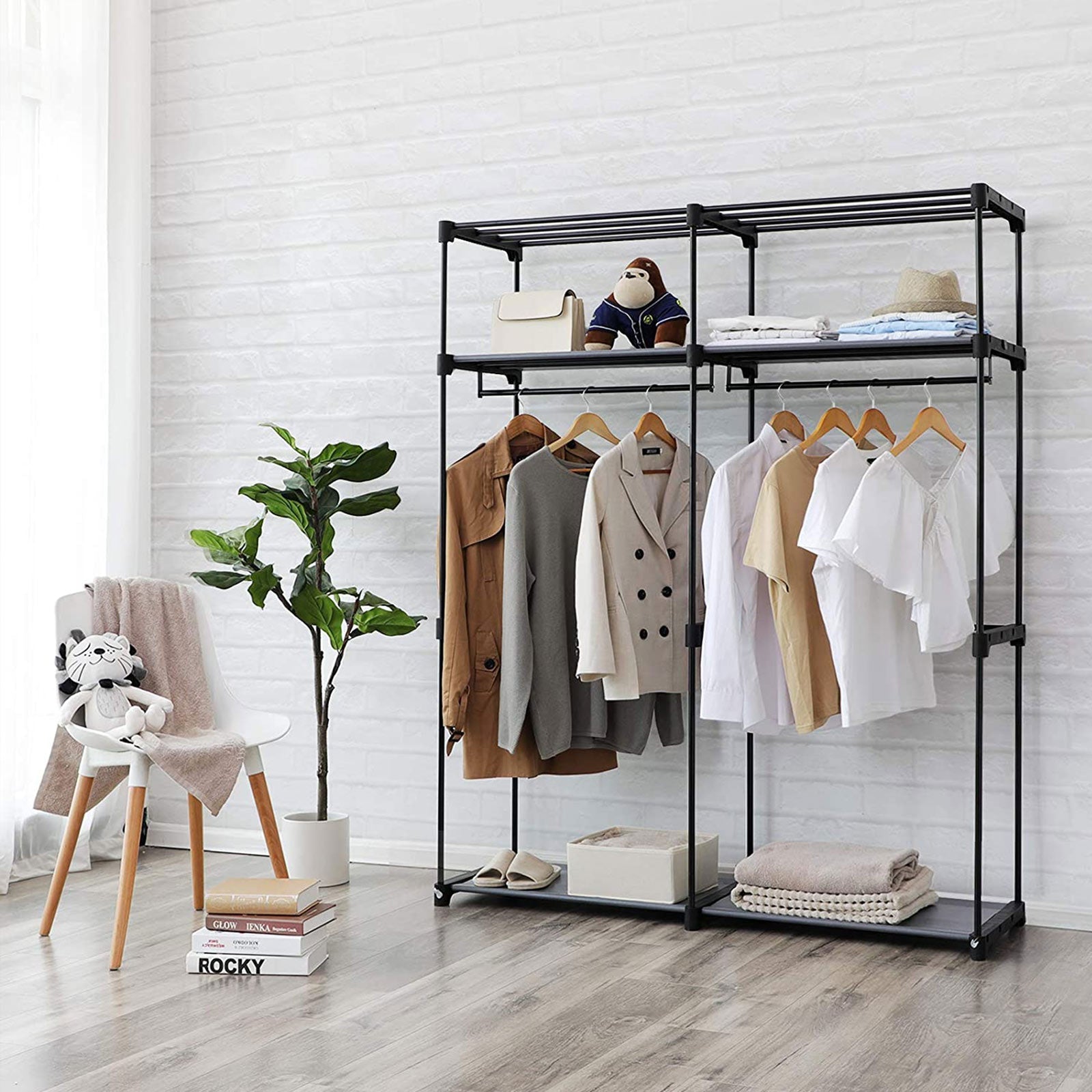 Armoire de Rangement, Penderie Portable avec Barre de Suspension, Porte-vêtements Pliable, Gris, SONGMICS, 3