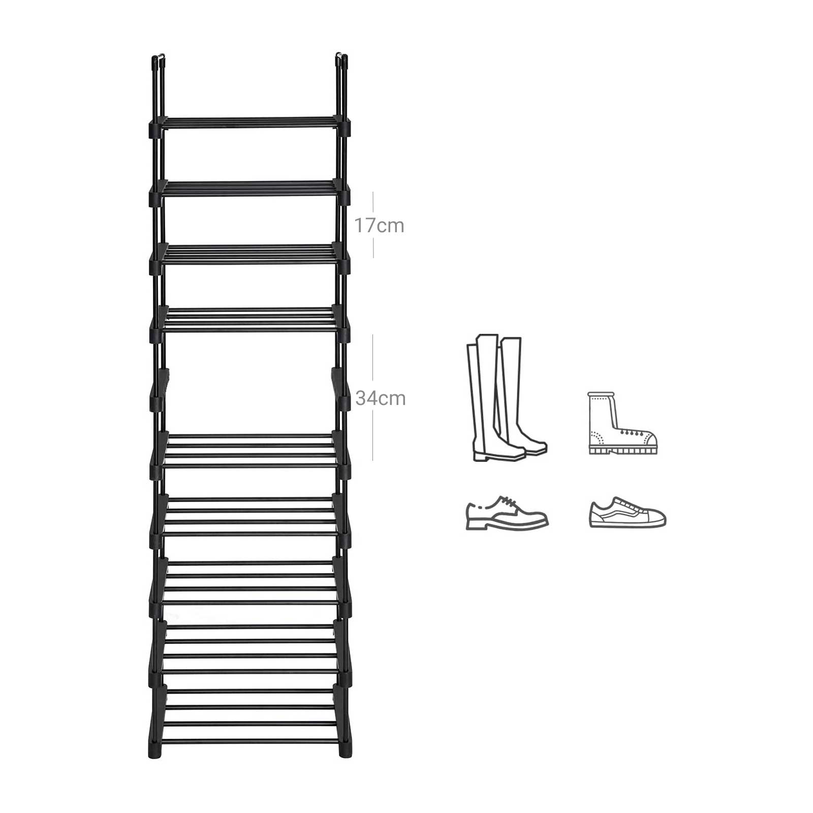 Étagère à Chaussures à 10 Niveaux, Grand Étagère à Chaussures en Fer, Étagères sur Pied DIY, Gain de Place, Noir, SONGMICS, 6