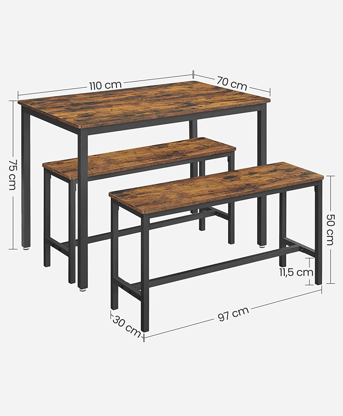 Ensemble Table à Manger et bancs, Table de 110 x 70 x 75 cm, 2 Bancs, Cadre en Acier, pour Cuisine, Salle à Manger, VASAGLE, 5