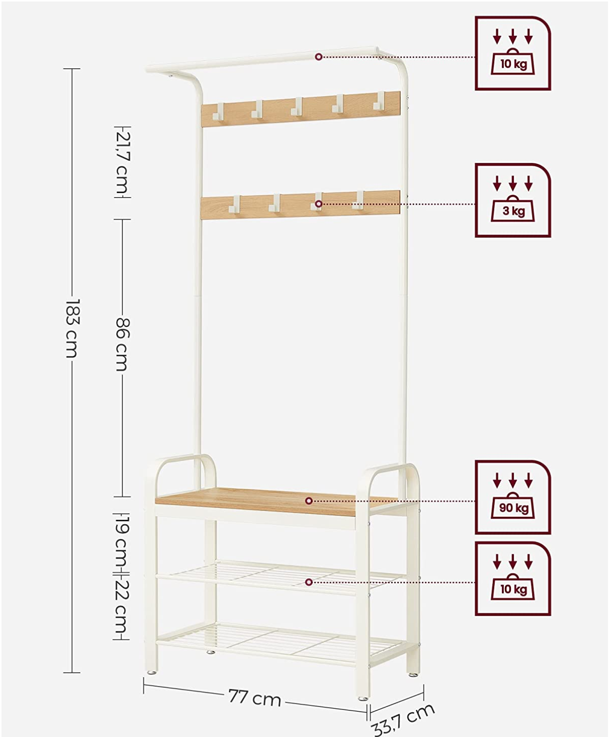 Porte-Manteaux, Porte Manteau Entrée, Vestiaire d'Entrée, Vestiaire d'Entrée avec Banc, VASAGLE, 3