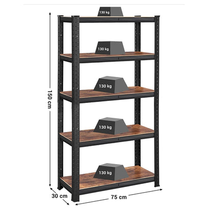 Étagère à 5 Niveaux, 150 x 75 x 30 cm, Charge Totale 650 kg (130 kg/Niveau), Étagère de Style Industriel, 1