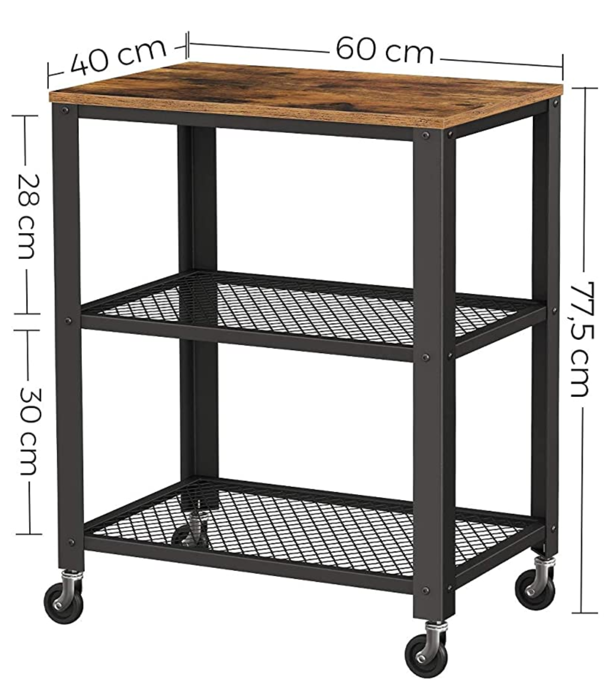 Chariot de Service à 3 Niveaux Vintage, Chariot Commode Roulant Rustique, étagère de Rangement Robuste, VASAGLE, 5