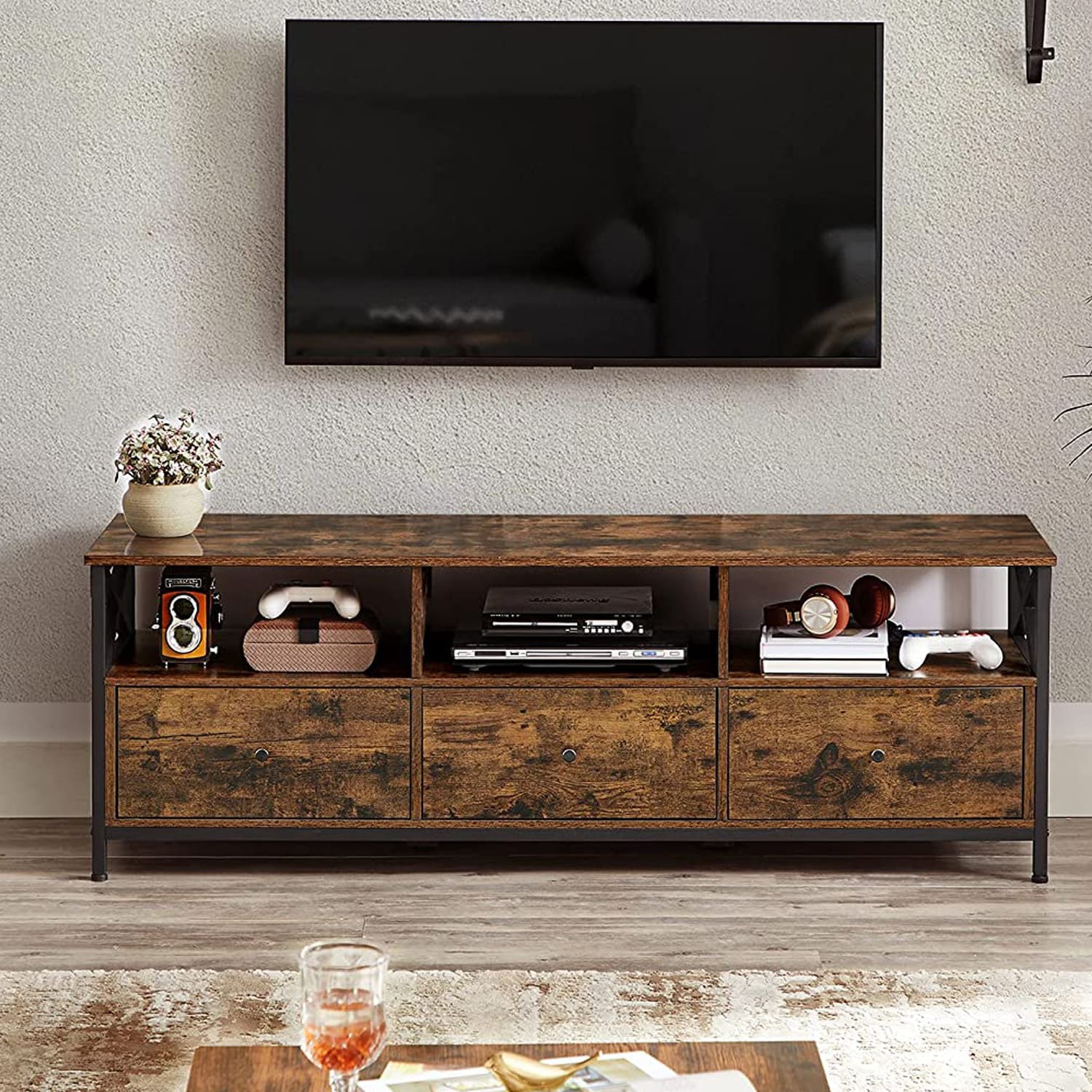 Meuble TV pour Télévision jusqu'à 65 Pouces, Banc Télé avec 3 Tiroirs, 40 x 147 x 50 cm, Cadre en Acier, VASAGLE