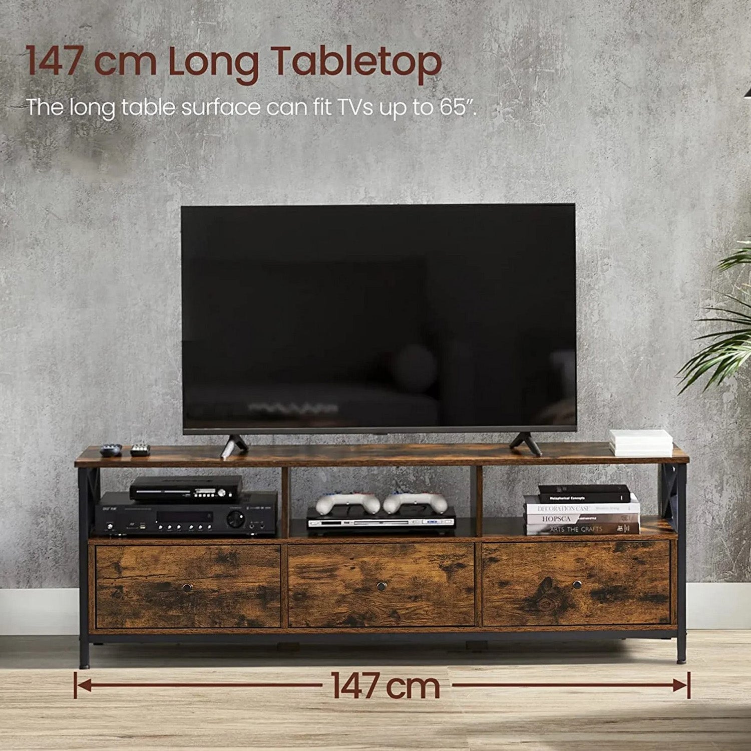 Meuble TV pour Télévision jusqu'à 65 Pouces, Banc Télé avec 3 Tiroirs, 40 x 147 x 50 cm, Cadre en Acier, VASAGLE, 2