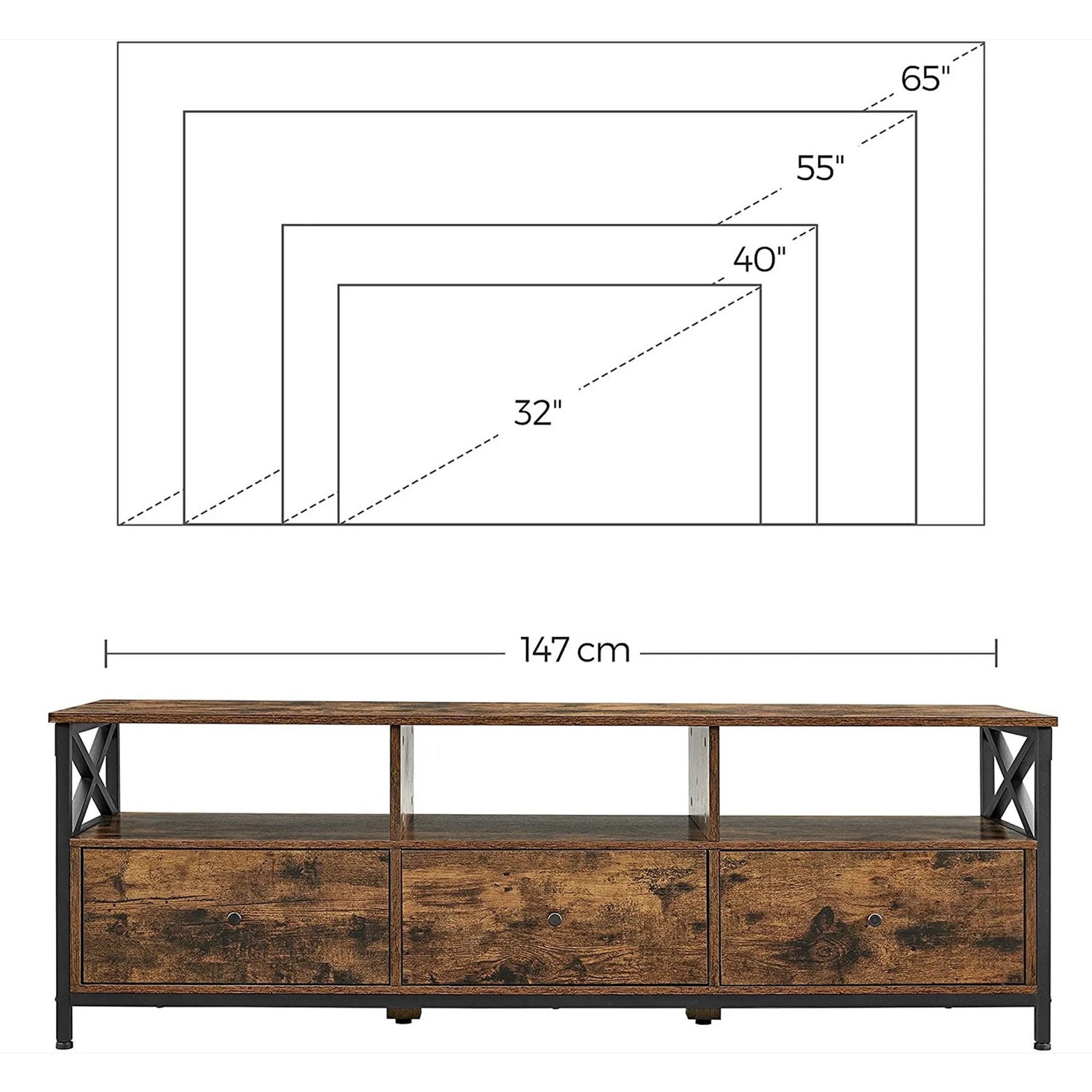 Meuble TV pour Télévision jusqu'à 65 Pouces, Banc Télé avec 3 Tiroirs, 40 x 147 x 50 cm, Cadre en Acier, VASAGLE, 3