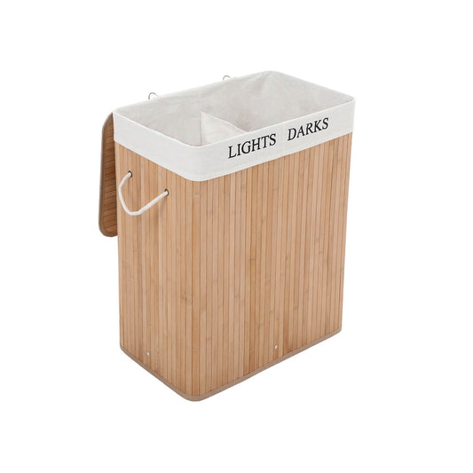 SONGMICS - Panier à linge en bambou, Corbeille à linge, 100L, pliable, 2 compartiments, avec sac amovible et lavable, pour buanderie