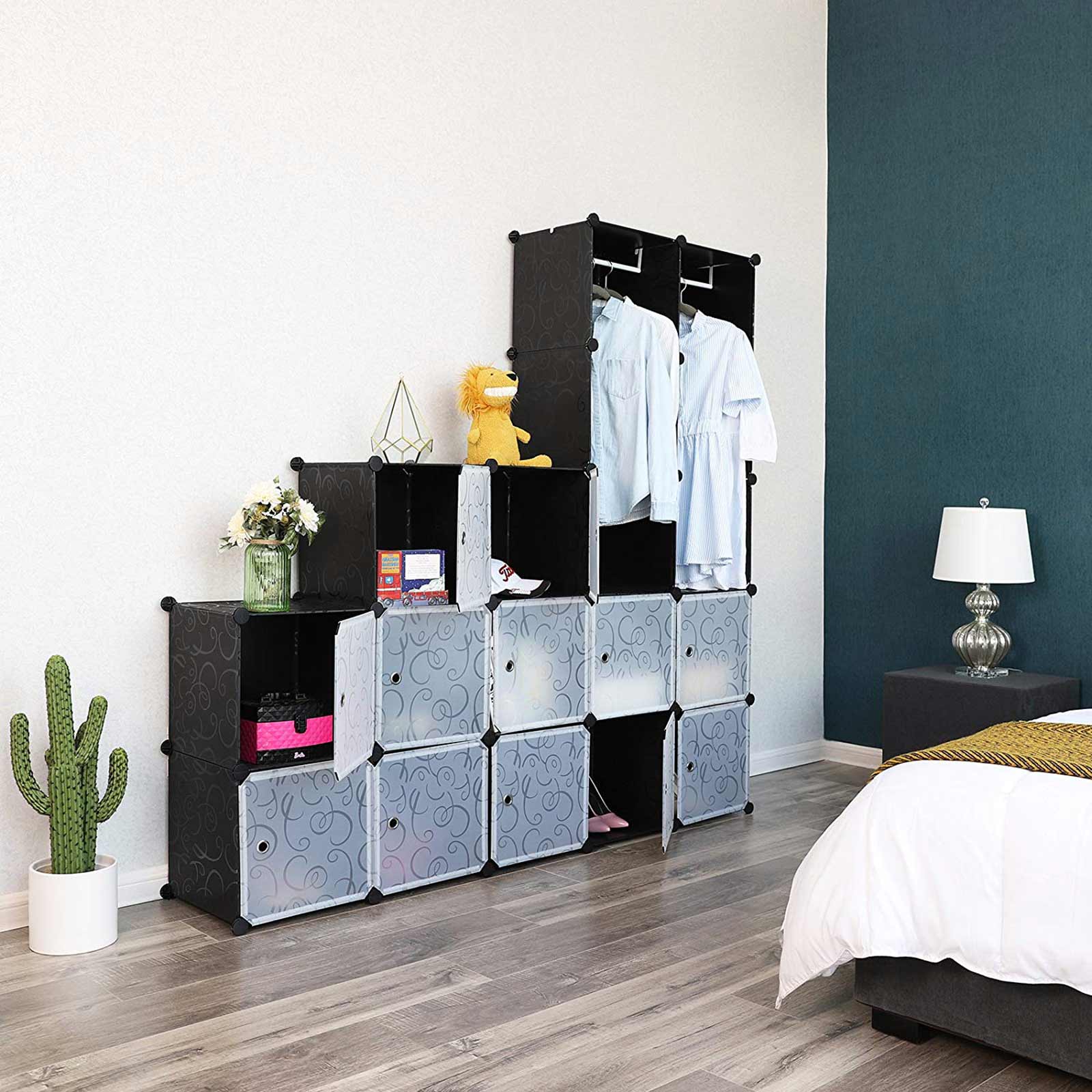 Armoire XXL, Étagère de rangement, Placard, Penderie, en Plastique, Motifs imprimés, Grande capacité, Noir, SONGMICS, 2