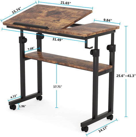 Table de Chevet, réglable en Hauteur, sur roulettes, Planche inclinable (0°-80°) pour dessin et lecture - Tribesigns