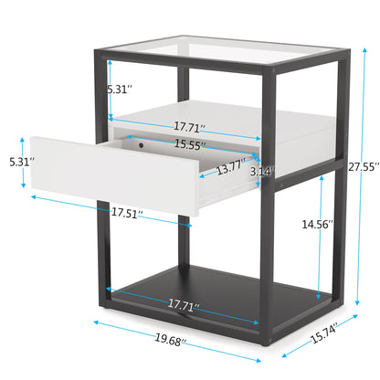 Table d'appoint Haute de Style Simple et Moderne avec tiroir et étagère, Table de Chevet en Verre trempé, 4