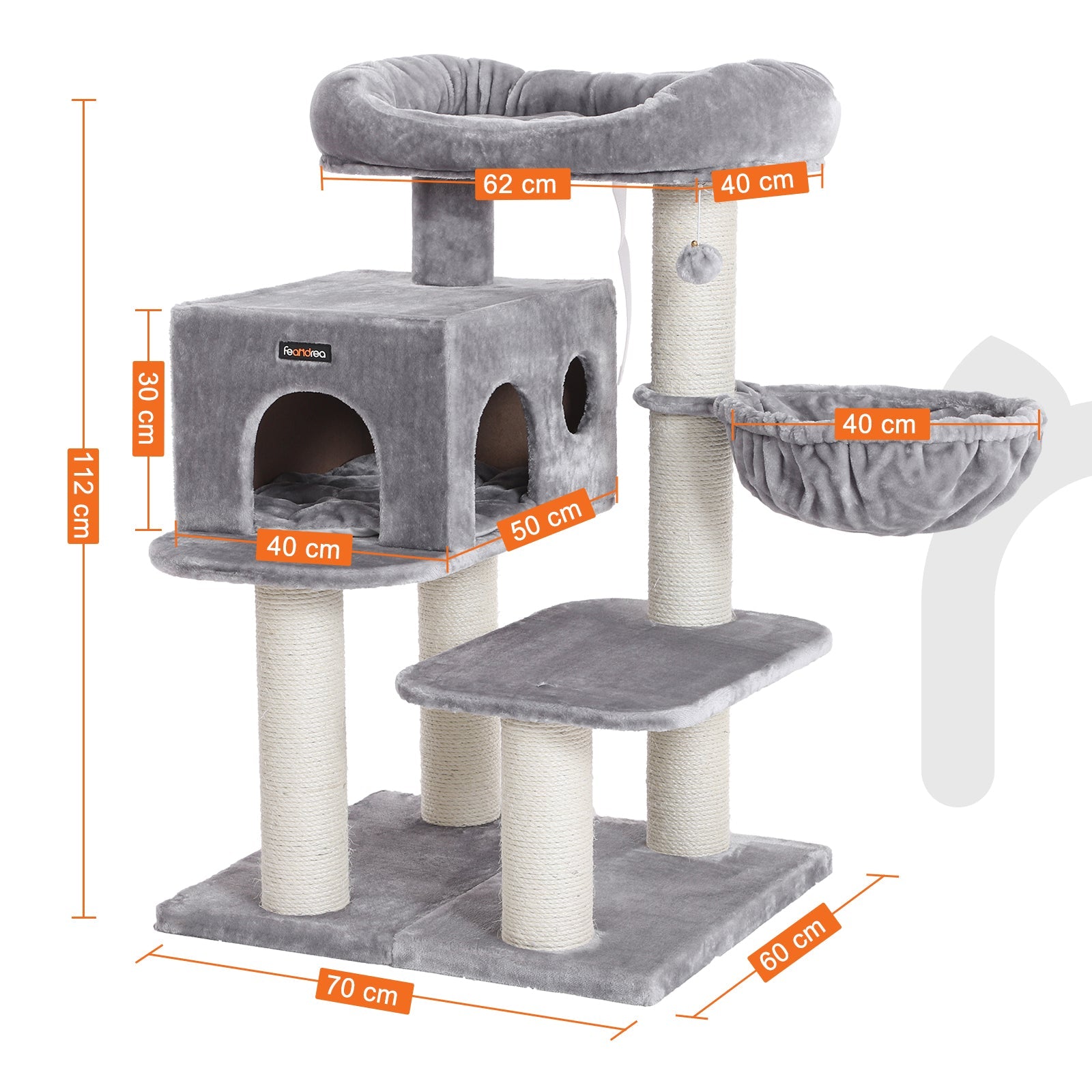 Arbre à Chat, avec Plate-Forme d’Observation XXL, Hamac, Grande Grotte, Troncs épais en sisal, Stable, Gris Claire, Feandrea, 7